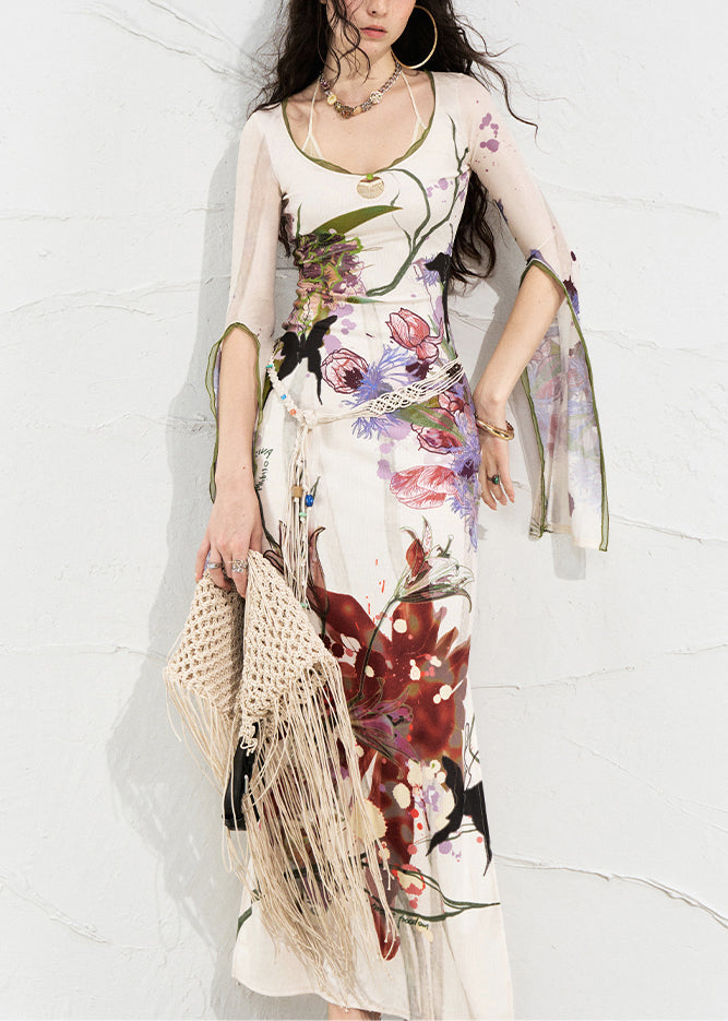 Beautiful White O-Neck Print Side Open Long Dress Flare Sleeve