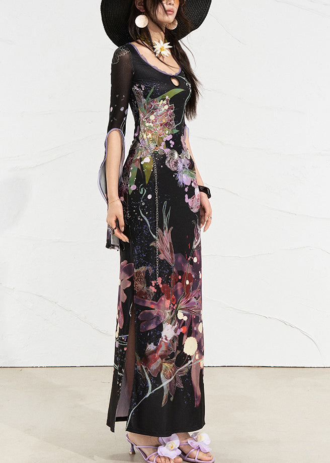 Beautiful White O-Neck Print Side Open Long Dress Flare Sleeve