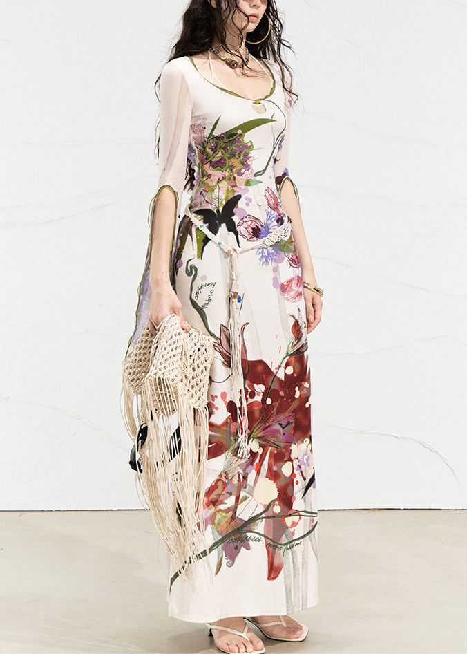 Beautiful White O-Neck Print Side Open Long Dress Flare Sleeve