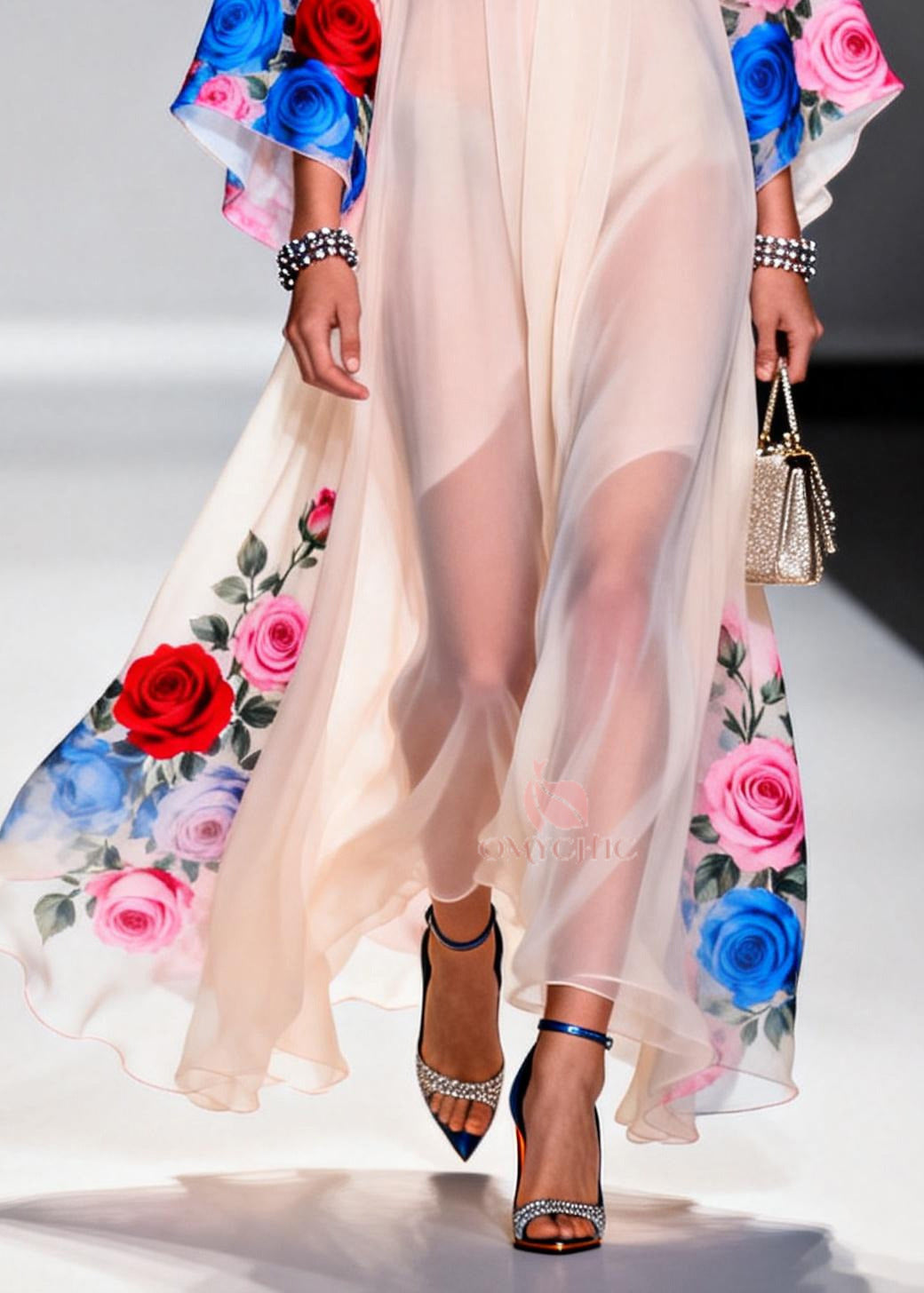 Beautiful White Oversized Floral Print Chiffon Maxi Dresses Summer