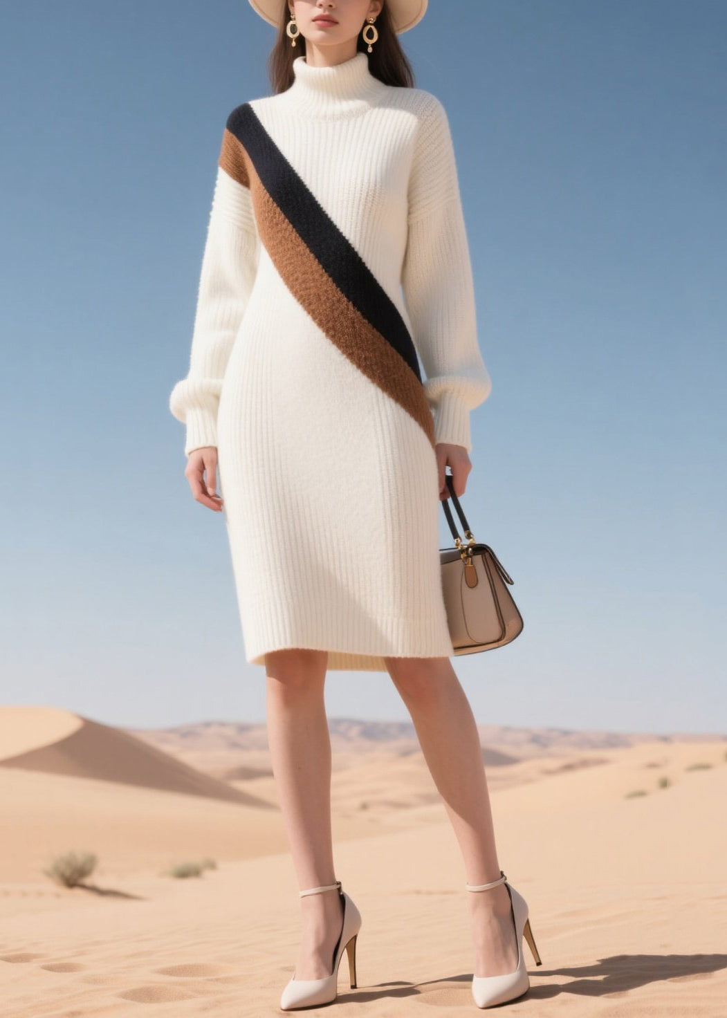 Beautiful White Patchwork Thick Sweater Dress Winter