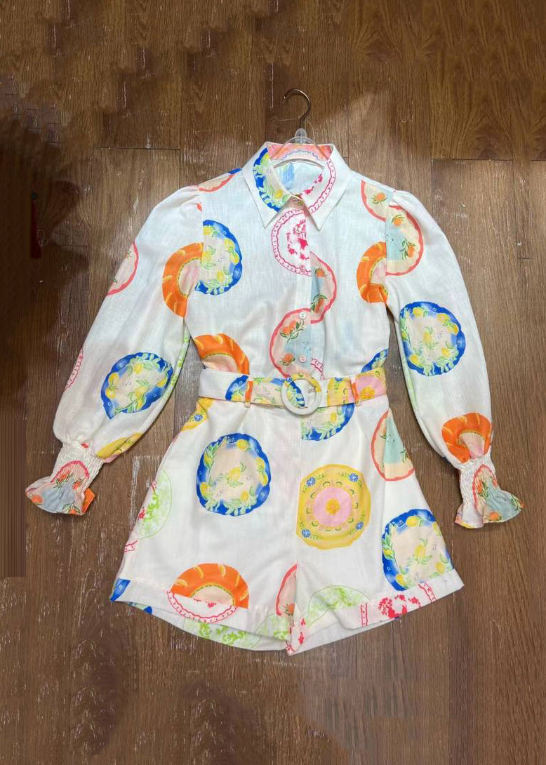 Beautiful White Print Button Shirts And Shorts Two Pieces Set Spring