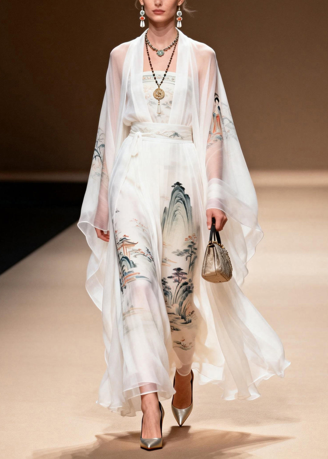 Beautiful White Print Chiffon Two Pieces Set Summer