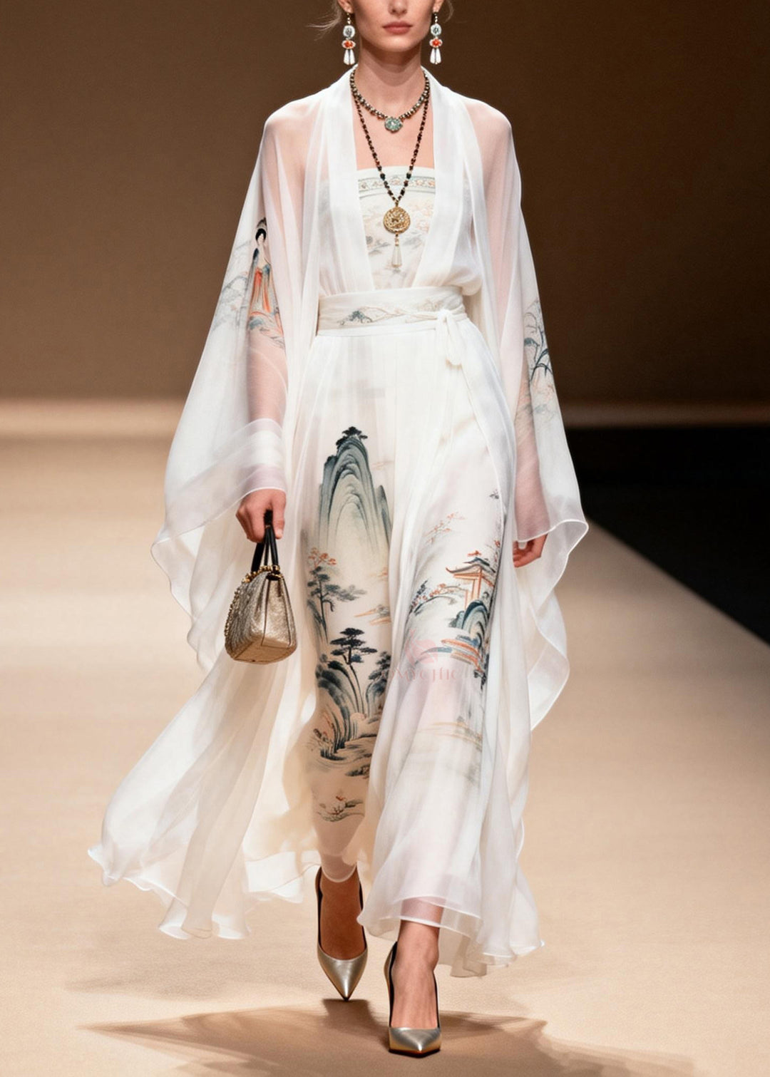 Beautiful White Print Chiffon Two Pieces Set Summer