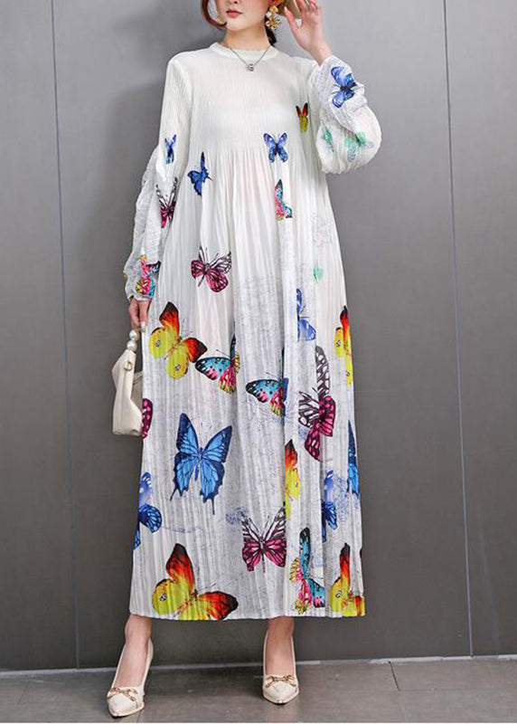 Beautiful White Print Wrinkled Long Dress