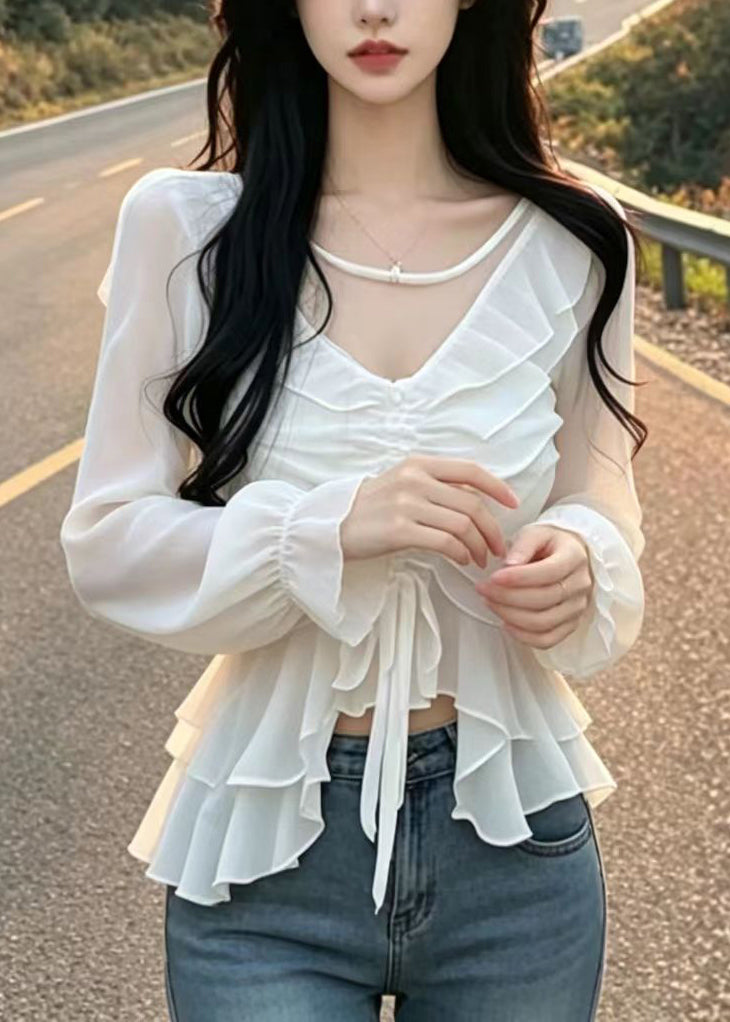 Beautiful White Ruffled Drawstring Chiffon Shirt Tops Puff Sleeve