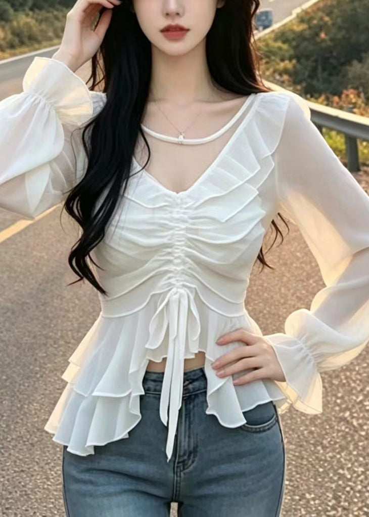 Beautiful White Ruffled Drawstring Chiffon Shirt Tops Puff Sleeve