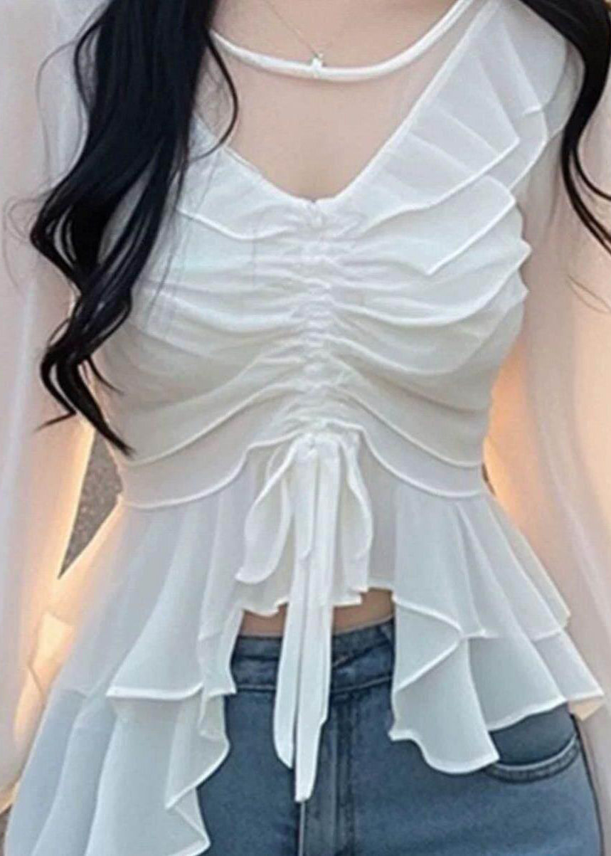 Beautiful White Ruffled Drawstring Chiffon Shirt Tops Puff Sleeve