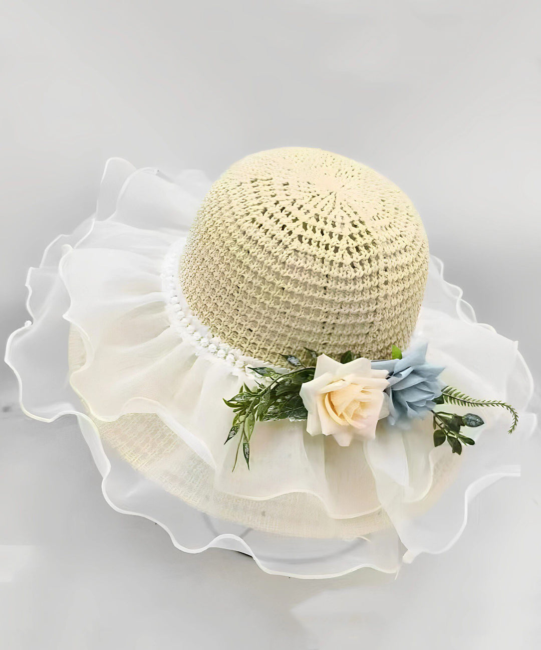 Beautiful White Ruffled Floral Nail Bead Floppy Sun Hat