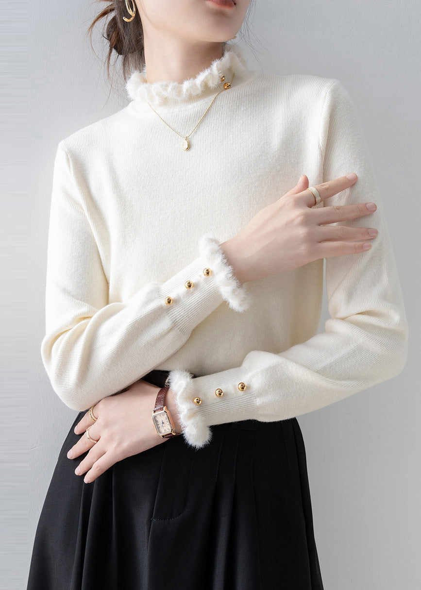 Beautiful White Ruffled Patchwork Faux Fur Sweaters Winter