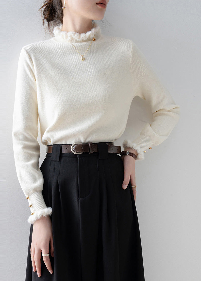 Beautiful White Ruffled Patchwork Faux Fur Sweaters Winter