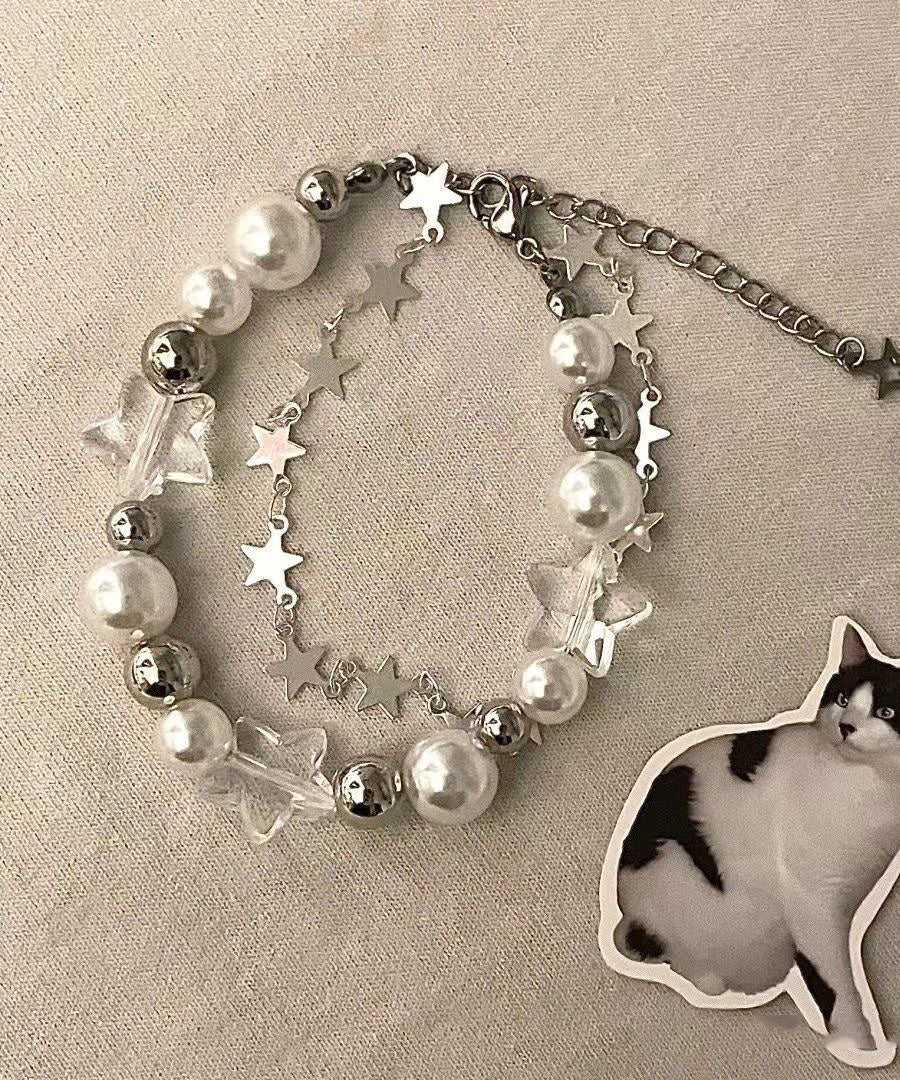 Beautiful White Stainless Steel Star Double-Layer Pearl Charm Bracelet