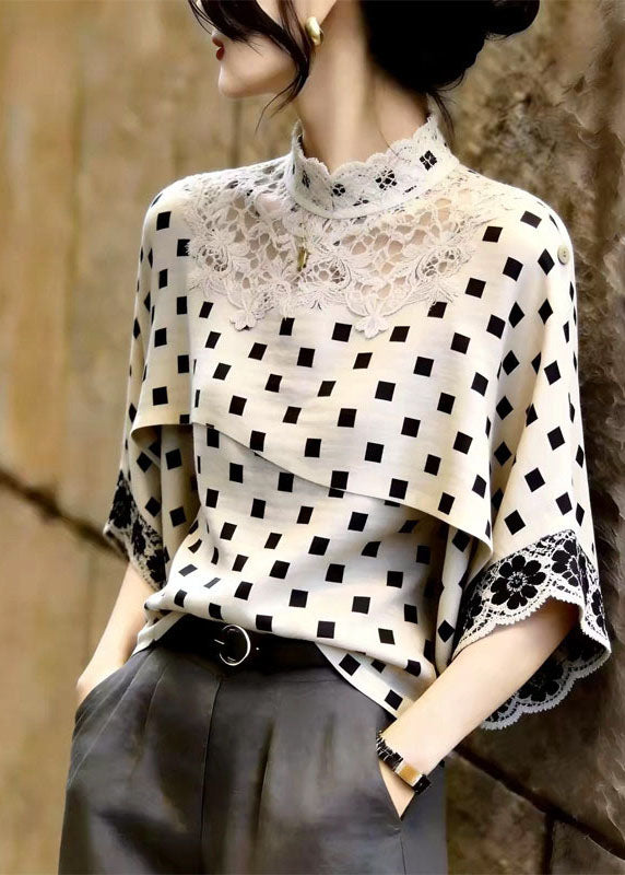 Beautiful White Stand Collar Patchwork Lace Shirt Tops Summer