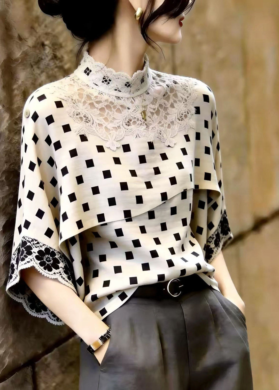 Beautiful White Stand Collar Patchwork Lace Shirt Tops Summer