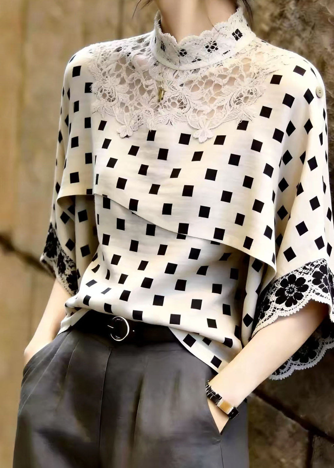 Beautiful White Stand Collar Patchwork Lace Shirt Tops Summer