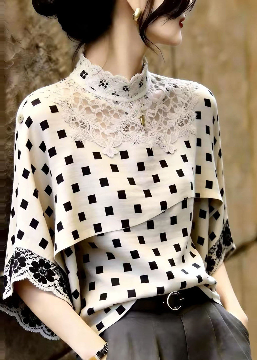 Beautiful White Stand Collar Patchwork Lace Shirt Tops Summer