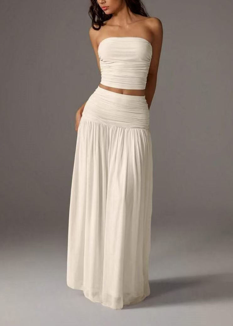 Beautiful White Strapless Wrinkled Cotton Two Pieces Set Summer