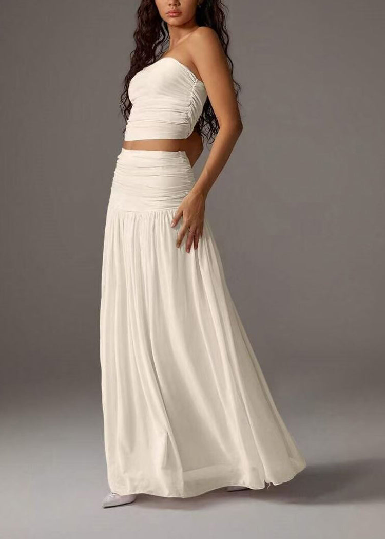 Beautiful White Strapless Wrinkled Cotton Two Pieces Set Summer