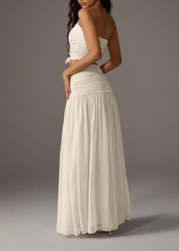 Beautiful White Strapless Wrinkled Cotton Two Pieces Set Summer