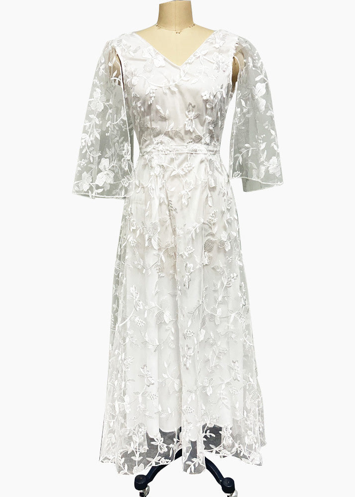 Beautiful White V Neck Backless Tulle Lace Long Dress Summer