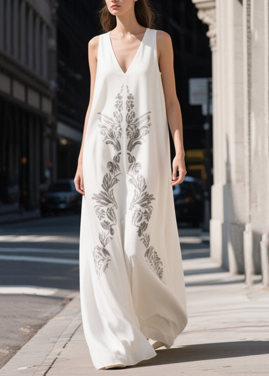 Beautiful White V Neck Print Chiffon Maxi Dresses Summer