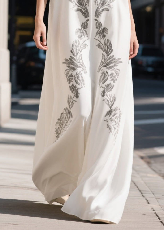 Beautiful White V Neck Print Chiffon Maxi Dresses Summer