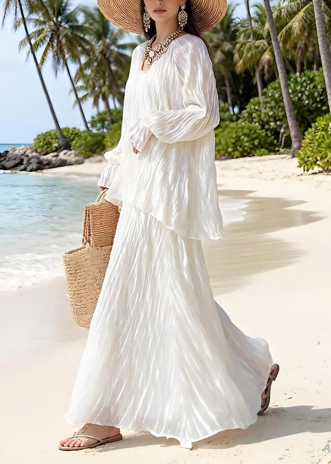 Beautiful White Wrinkled Top And Skirts Silk Two Piece Suit Set Spring