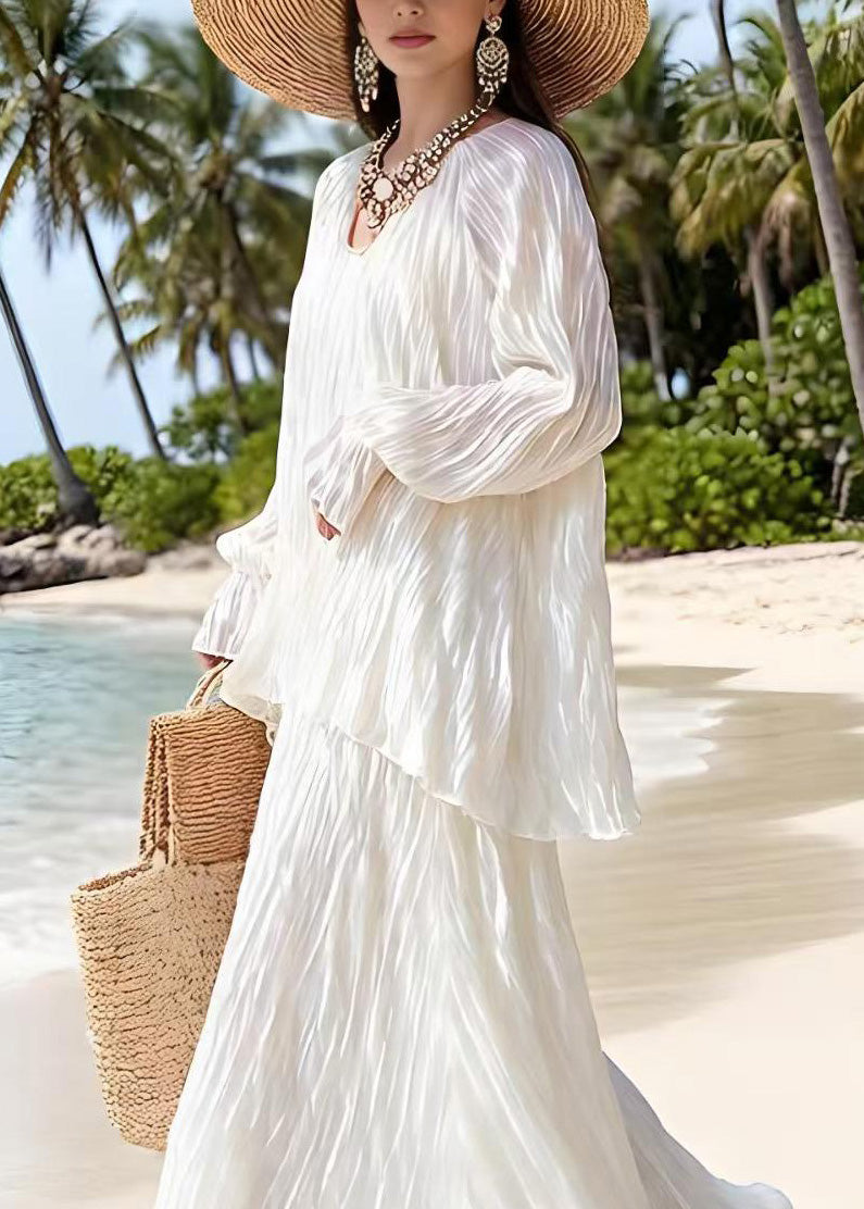 Beautiful White Wrinkled Top And Skirts Silk Two Piece Suit Set Spring