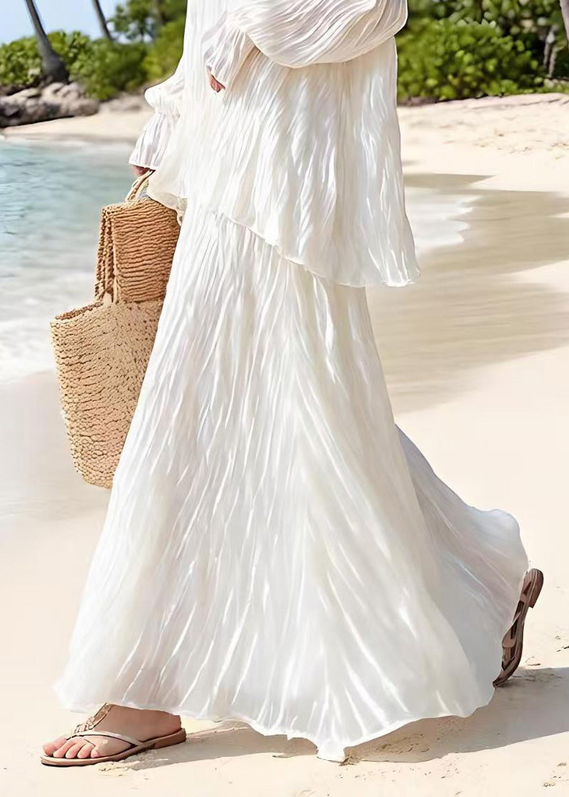 Beautiful White Wrinkled Top And Skirts Silk Two Piece Suit Set Spring