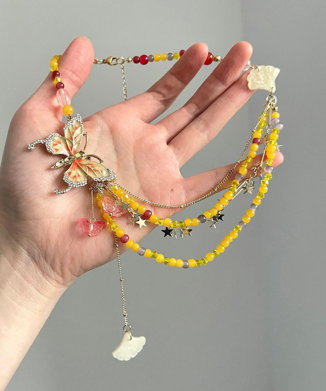 Beautiful Yellow Alloy Zircon Beading Butterfly Star Pendant Necklace