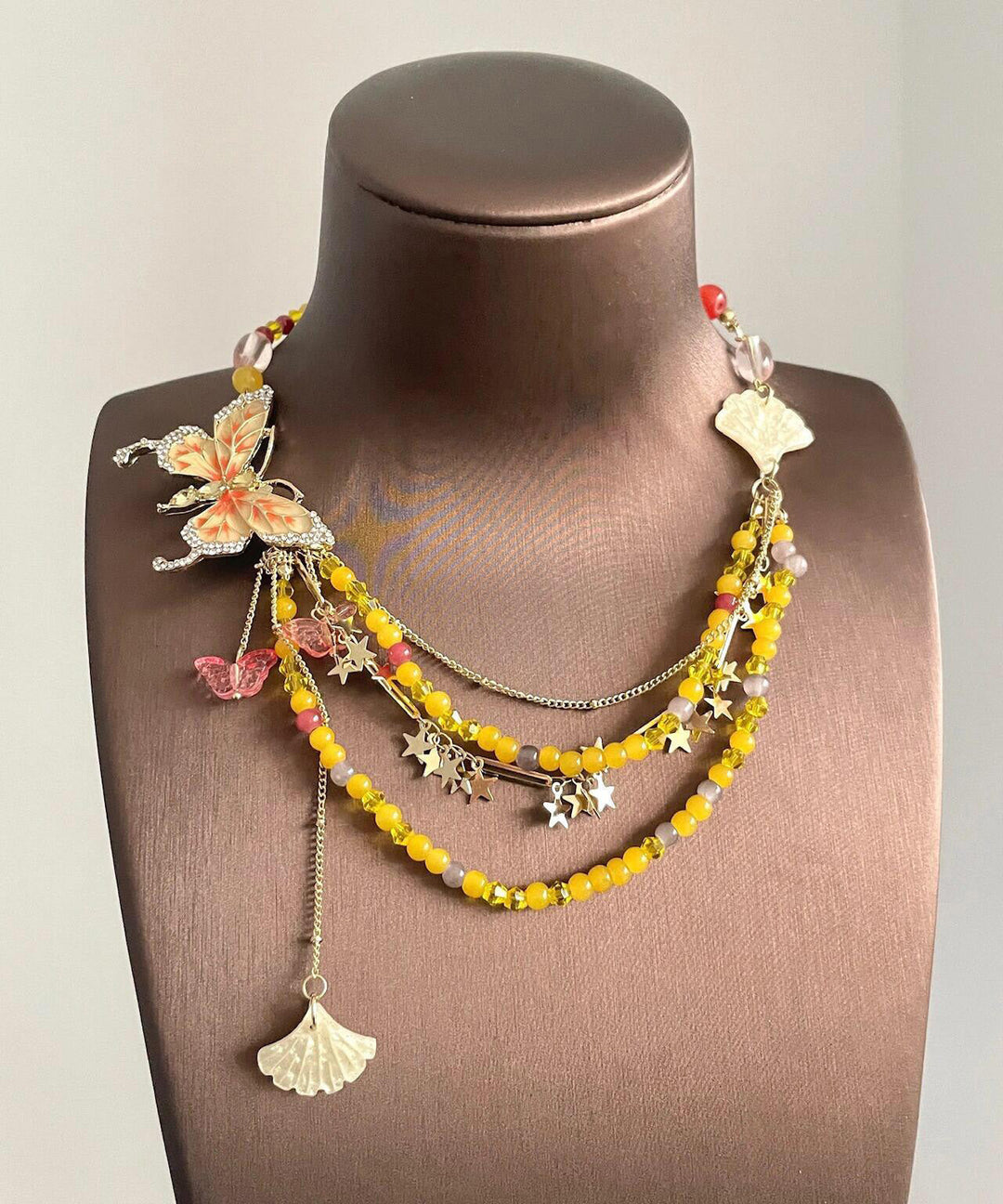 Beautiful Yellow Alloy Zircon Beading Butterfly Star Pendant Necklace