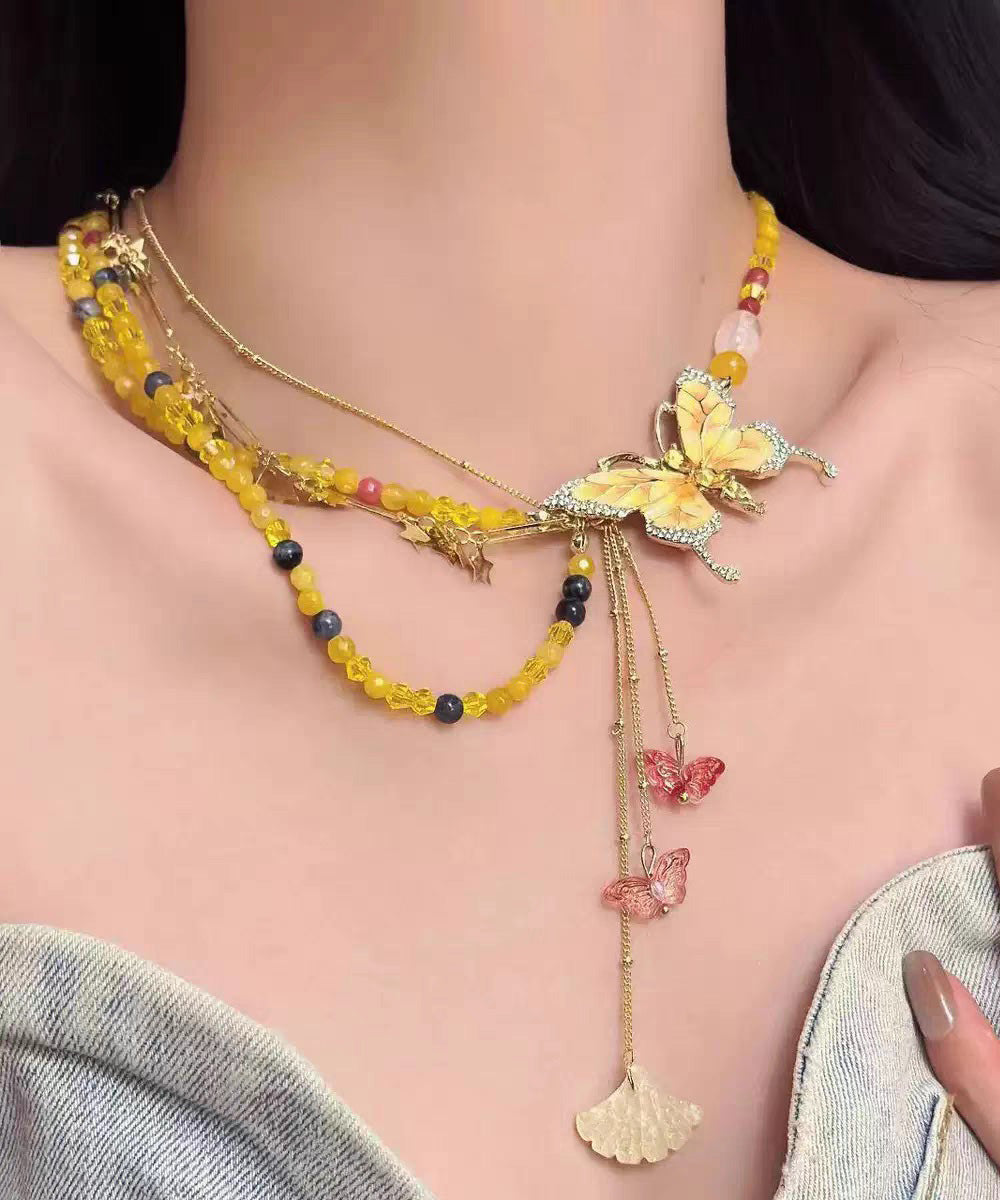 Beautiful Yellow Alloy Zircon Beading Butterfly Star Pendant Necklace