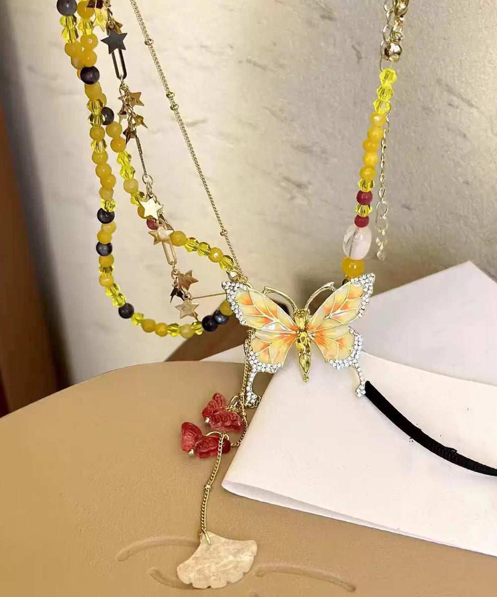 Beautiful Yellow Alloy Zircon Beading Butterfly Star Pendant Necklace