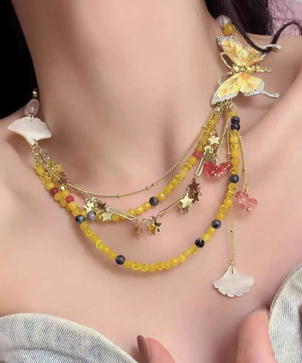 Beautiful Yellow Alloy Zircon Beading Butterfly Star Pendant Necklace