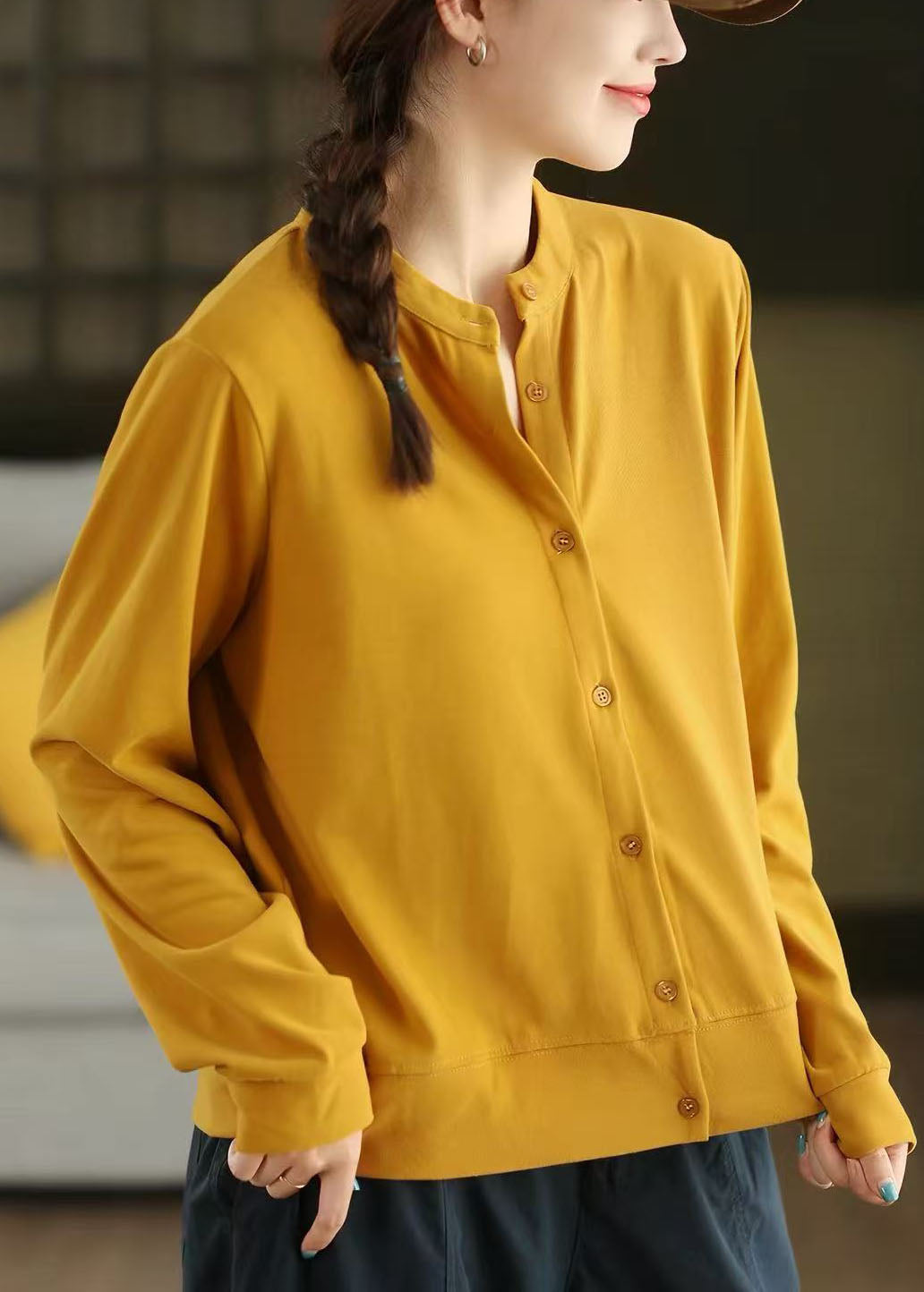 Beautiful Yellow Button Down Cotton Tops Fall