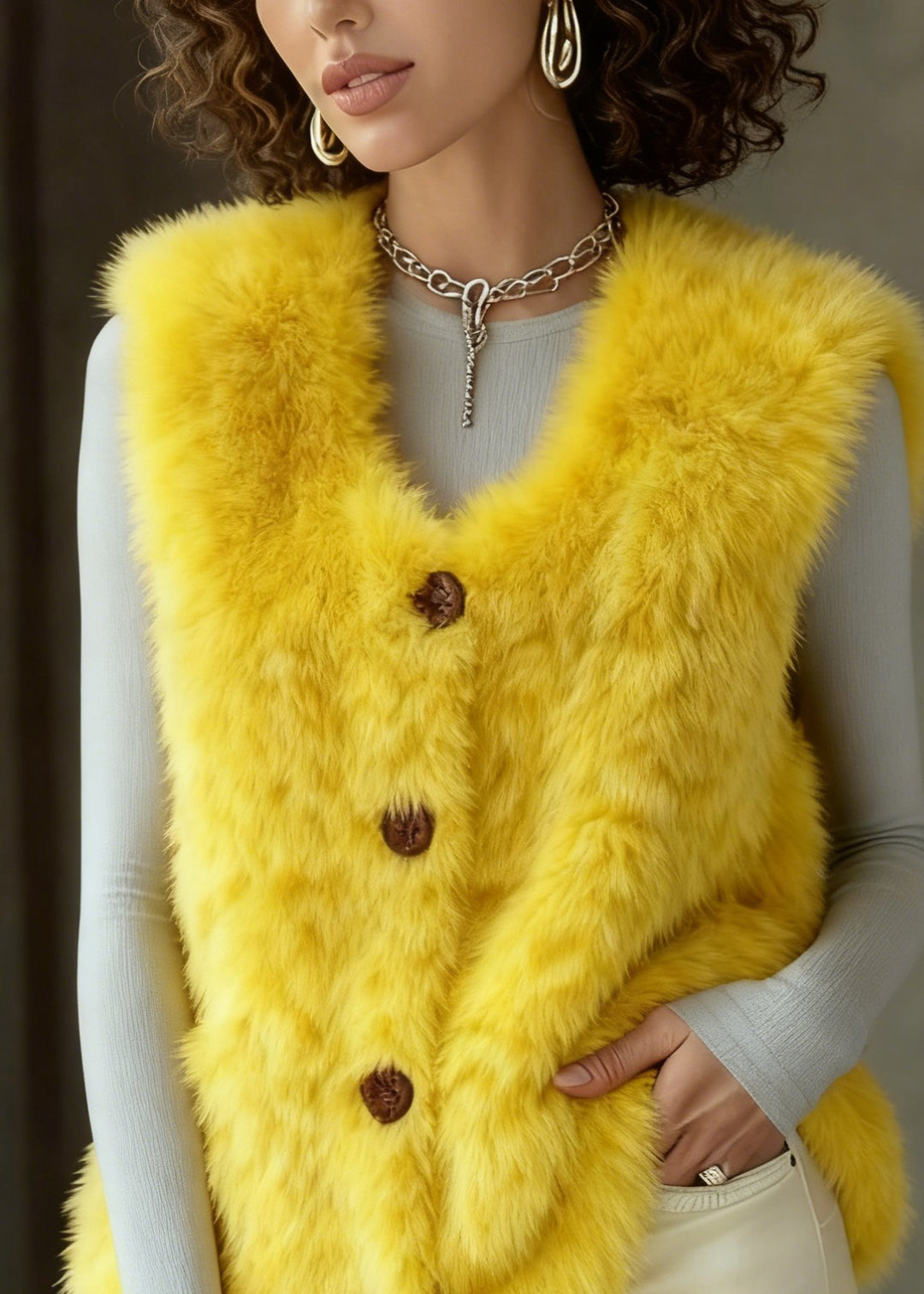 Beautiful Yellow Button Faux Fur Vest Tops Sleeveless