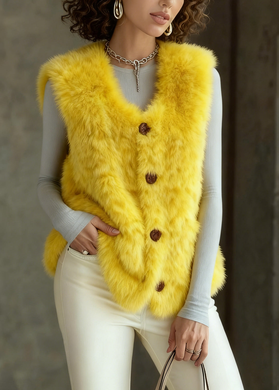 Beautiful Yellow Button Faux Fur Vest Tops Sleeveless