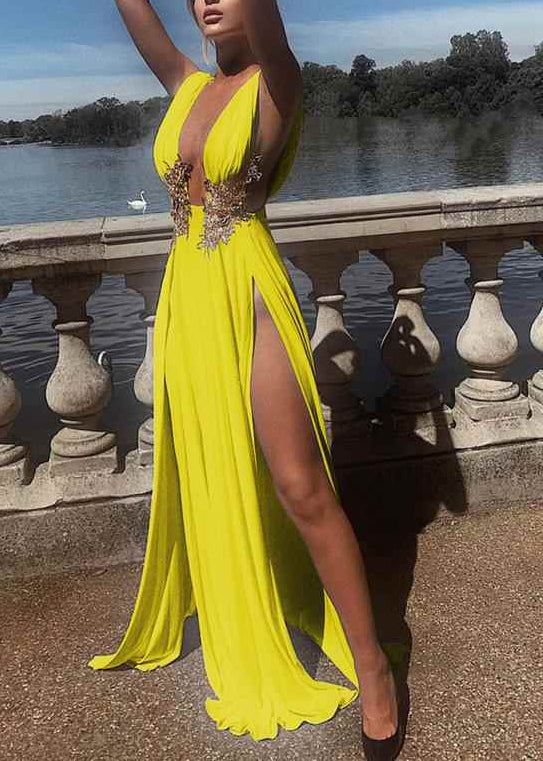 Beautiful Yellow Deep-V Neck Side Open Party Dresses Summer