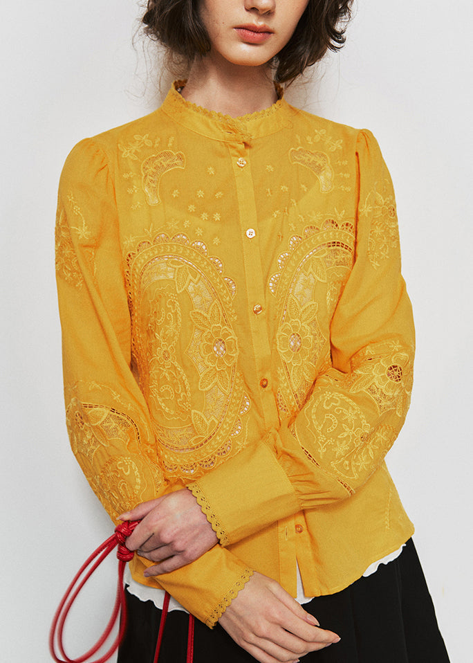 Beautiful Yellow Embroidered Button Cotton Shirt Tops Fall