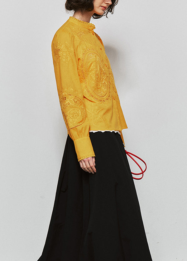 Beautiful Yellow Embroidered Button Cotton Shirt Tops Fall