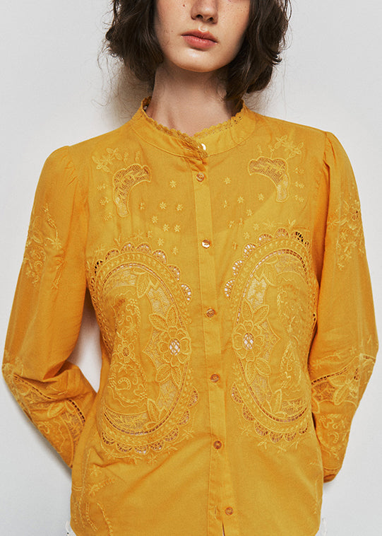 Beautiful Yellow Embroidered Button Cotton Shirt Tops Fall