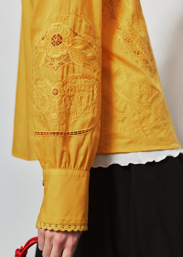 Beautiful Yellow Embroidered Button Cotton Shirt Tops Fall