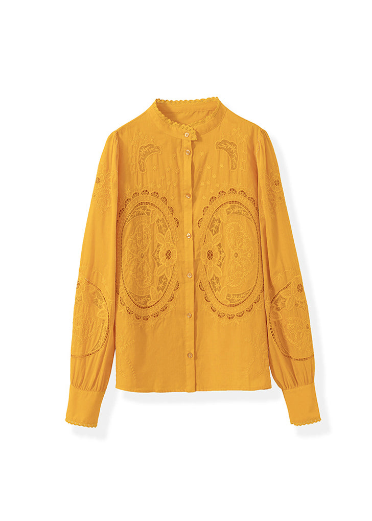 Beautiful Yellow Embroidered Button Cotton Shirt Tops Fall
