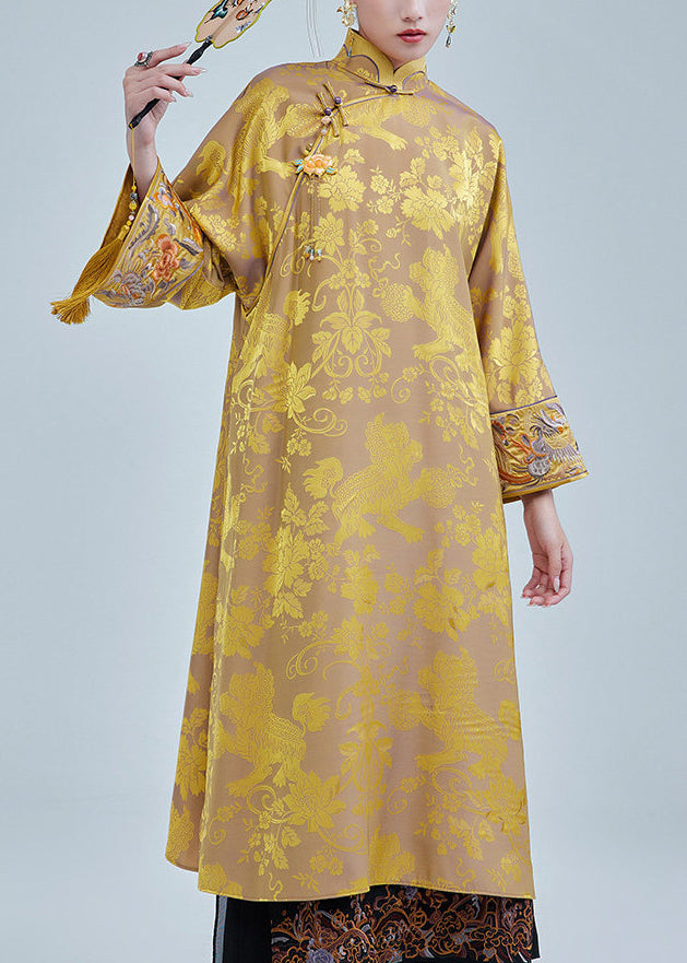 Beautiful Yellow Embroidered Jacquard Silk Long Dress Fall