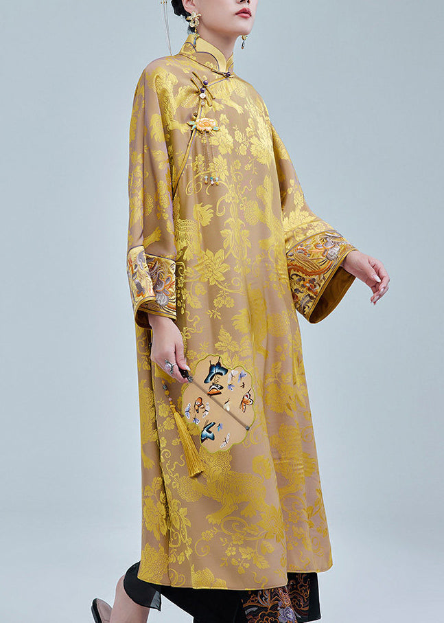 Beautiful Yellow Embroidered Jacquard Silk Long Dress Fall