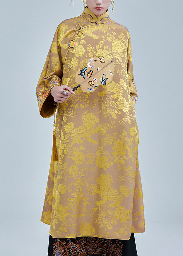 Beautiful Yellow Embroidered Jacquard Silk Long Dress Fall
