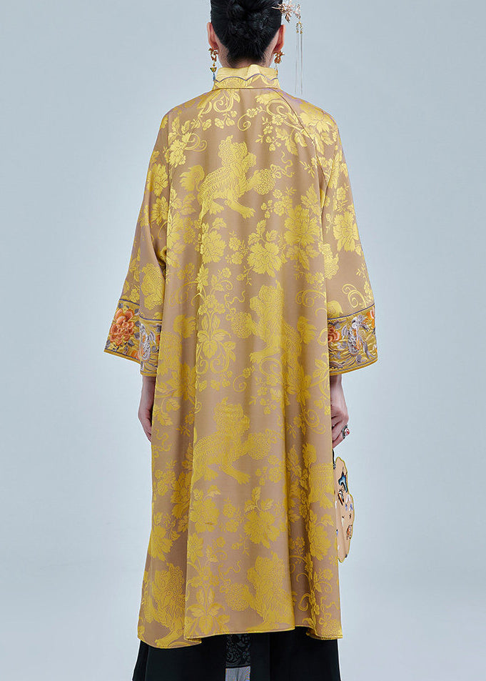 Beautiful Yellow Embroidered Jacquard Silk Long Dress Fall