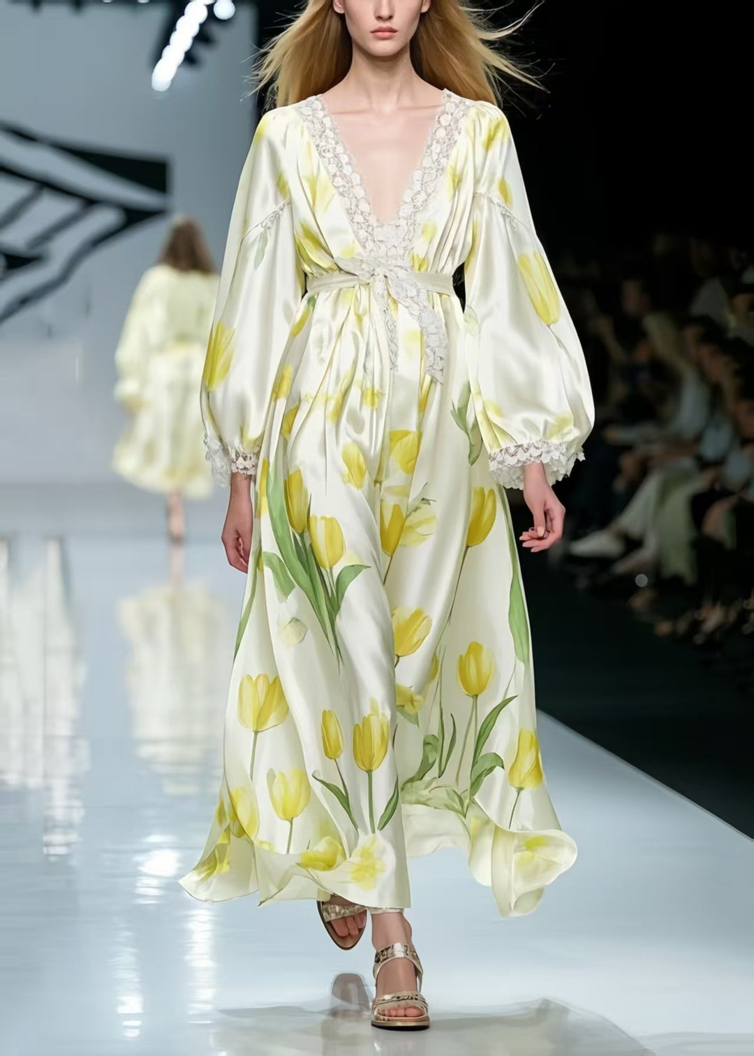 Beautiful Yellow Floral Silk Party Dress Tie Waist Spring