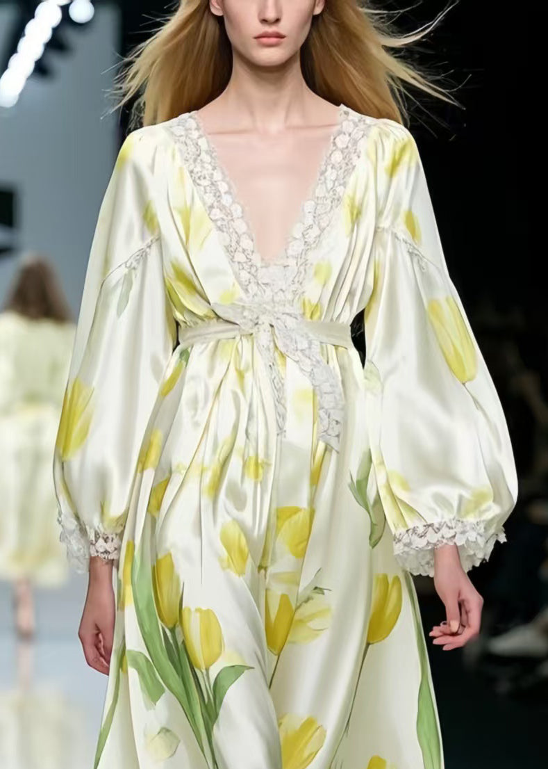 Beautiful Yellow Floral Silk Party Dress Tie Waist Spring