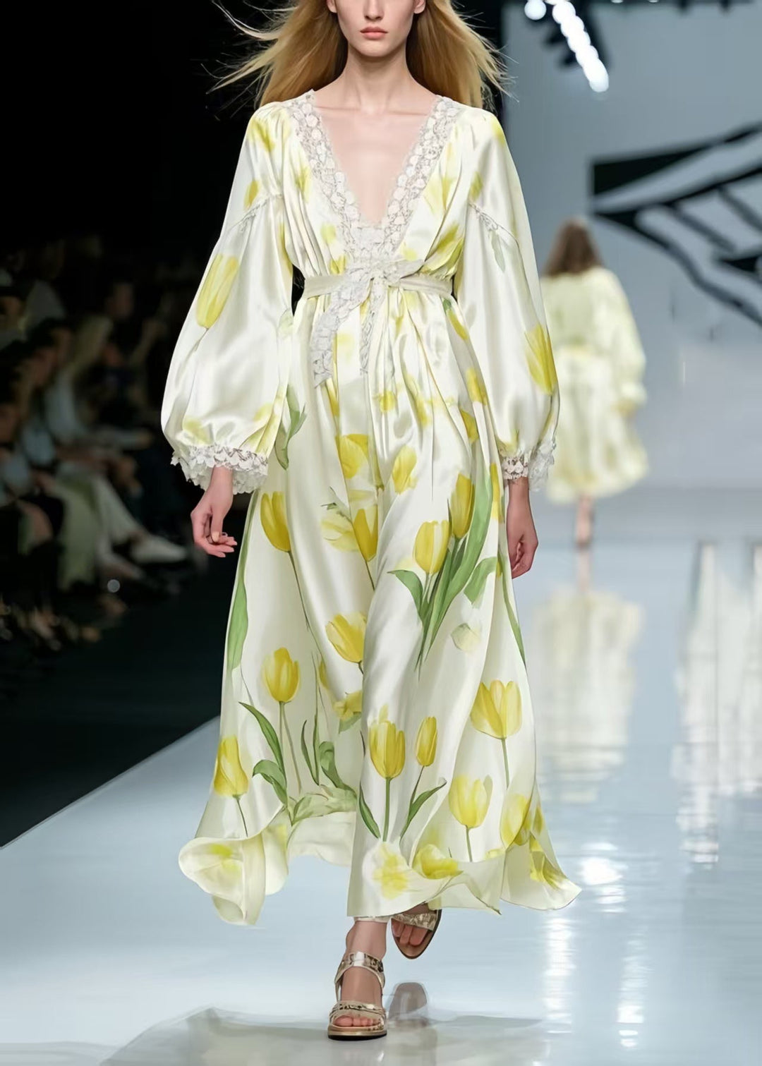 Beautiful Yellow Floral Silk Party Dress Tie Waist Spring